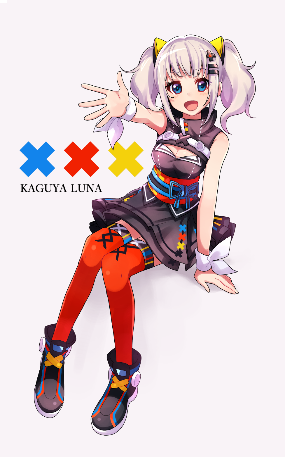 1girl, aren_(fubuki-46), black_dress, black_footwear, blue_eyes, breasts, character_name, cleavage