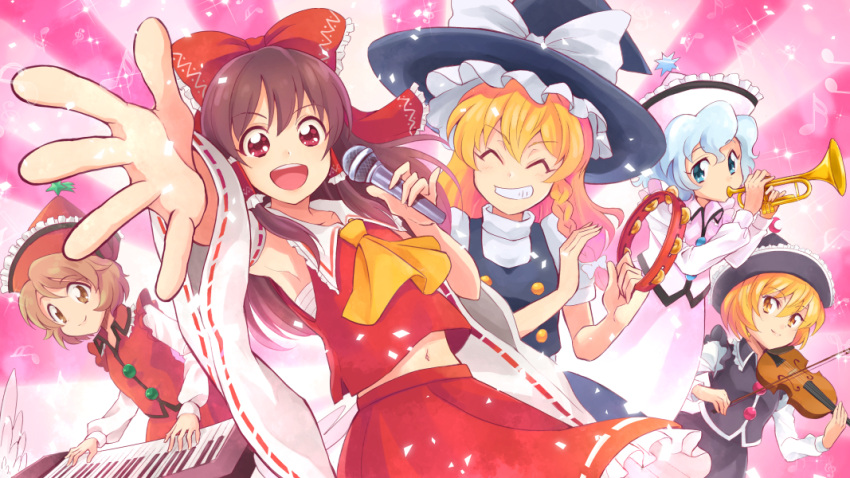 5girls, aqua_hair, armpits, ascot, black_headwear, blonde_hair, blue_eyes, bow, braid, brown_eyes, brown_hair, closed_eyes, cowboy_shot, detached_sleeves, foreshortening, frills, grin, hair_bow, hair_ribbon, hair_tubes, hakurei_reimu, hat, hat_bow, instrument, kad-rie, keyboard_(instrument), kirisame_marisa, long_sleeves, looking_at_viewer, lunasa_prismriver, lyrica_prismriver, merlin_prismriver, microphone, midriff, multiple_girls, musical_note, navel, nontraditional_miko, open_mouth, outstretched_hand, patterned_background, pink_background, pink_headwear, red_eyes, red_headwear, ribbon, sarashi, short_sleeves, siblings, side_braid, sidelocks, sisters, skirt, skirt_set, smile, tambourine, touhou, tress_ribbon, trumpet, turtleneck, vest, violin, wide_sleeves, wings, witch_hat, yellow_eyes