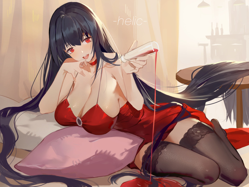 1girl, absurdres, alcohol, armpit_peek, azur_lane, black_hair, black_legwear, breasts