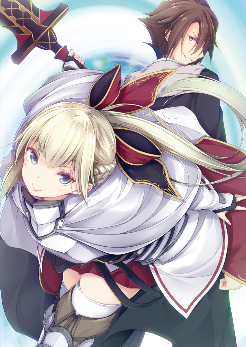 1boy, 1girl, armor, armored_dress, back-to-back, bangs, black_gloves, black_jacket