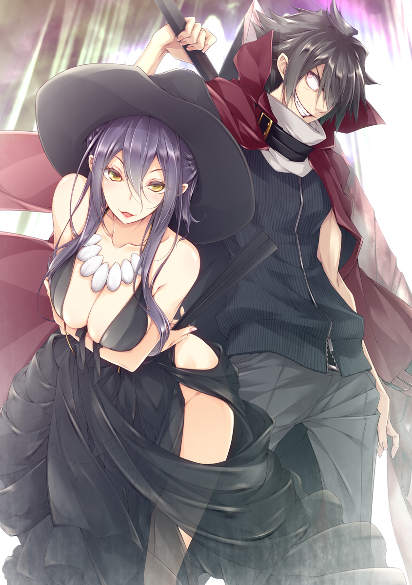 1boy, 1girl, arms_under_breasts, bangle, bangs, bare_shoulders, black_dress, black_headwear