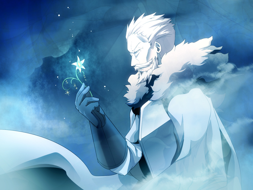 1boy, aiden_the_holy_sword, armor, beard, black_gloves, blue_background, blue_eyes, cape, cave, facial_hair, fantasy, flower, fur_trim, gloves, hkm0031_(shirokiri), holding, holding_flower, ice, male_focus, mustache, old_man, pixiv_fantasia, pixiv_fantasia_last_saga, serious, standing, upper_body, white_cape, white_hair