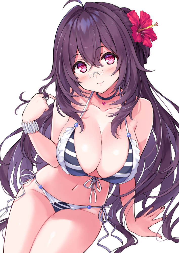 1girl, ahoge, arm_support, bangs, bikini, black_choker, blush, bracelet