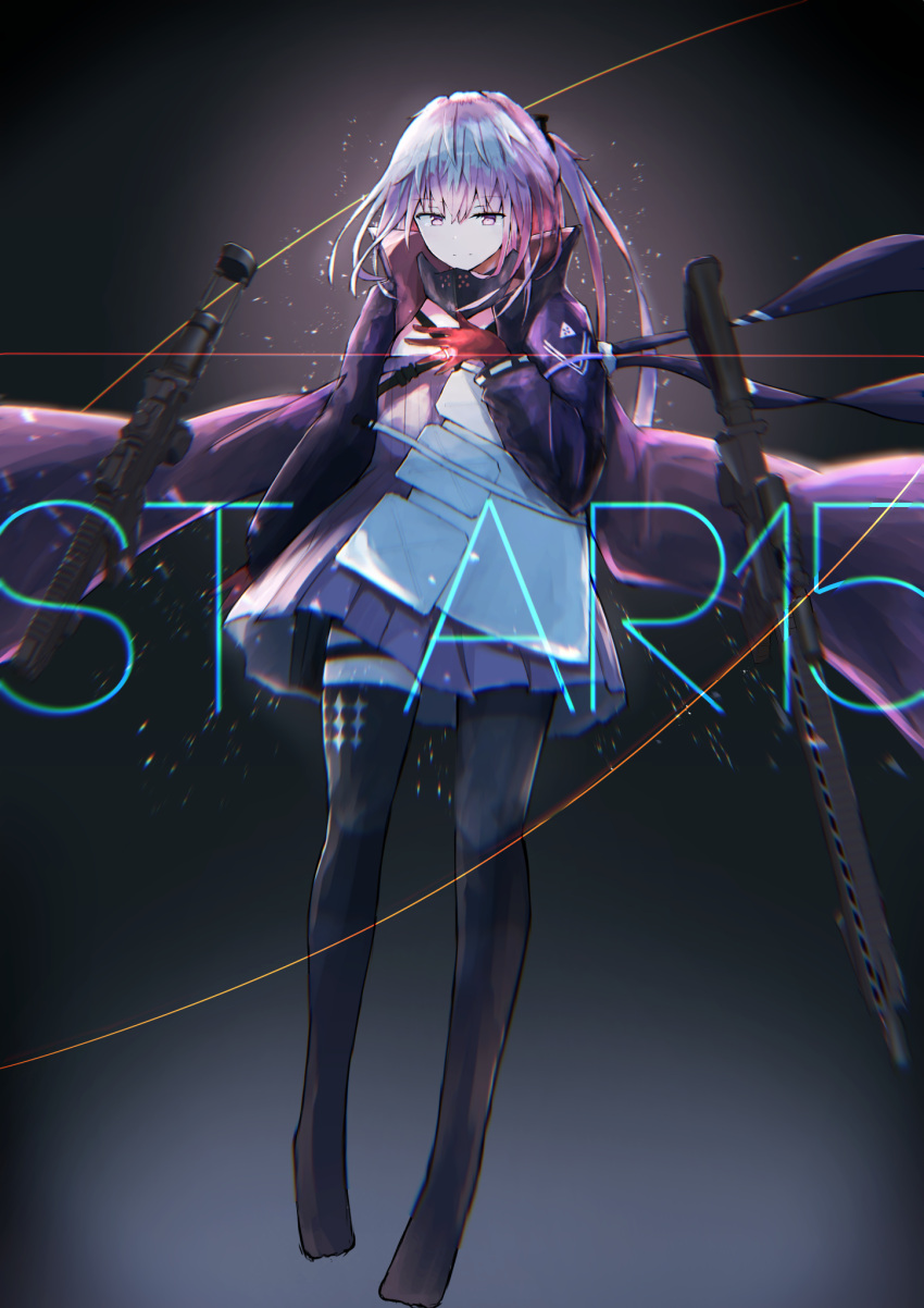 1girl, ar-15, armor, bangs, black_legwear, butasanp, character_name, closed_mouth