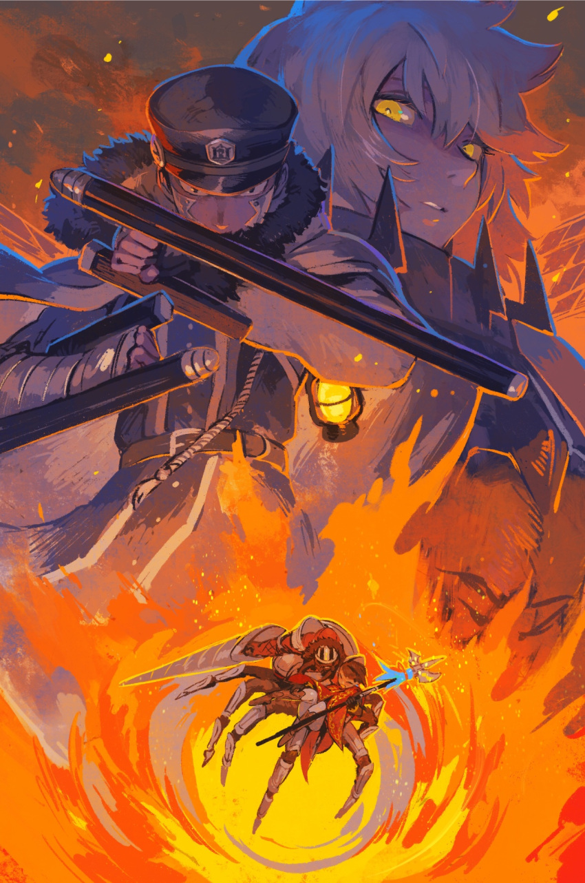 akaneko_(redakanekocat), armor, brown_footwear, brown_hair, cape, fire, fur_trim, gerard_(pixiv_fantasia_last_saga)