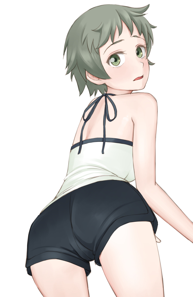 1girl, bare_shoulders, black_shorts, brown_hair, easy_(aqk7bdqt), green_eyes, looking_back, monogatari_(series)