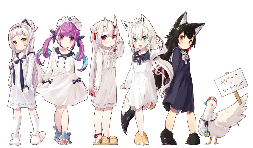 5girls, :d, anchor_symbol, animal, animal_ears, animal_slippers, animalization, aqua_eyes