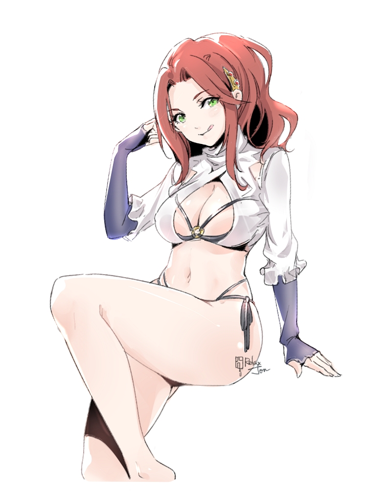 1girl, :p, breasts, center_opening, cleavage, cleavage_cutout, crop_top, fingerless_gloves, frilled_sleeves, frills, full_body, gloves, green_eyes, hair_ornament, half-closed_eyes, large_breasts, looking_at_viewer, malty_s_melromarc, midriff, o-ring, o-ring_top, panties, ponytail, redhead, relaxjon, side-tie_panties, signature, simple_background, sitting, solo, tate_no_yuusha_no_nariagari, thighs, tongue, tongue_out, underwear, white_background