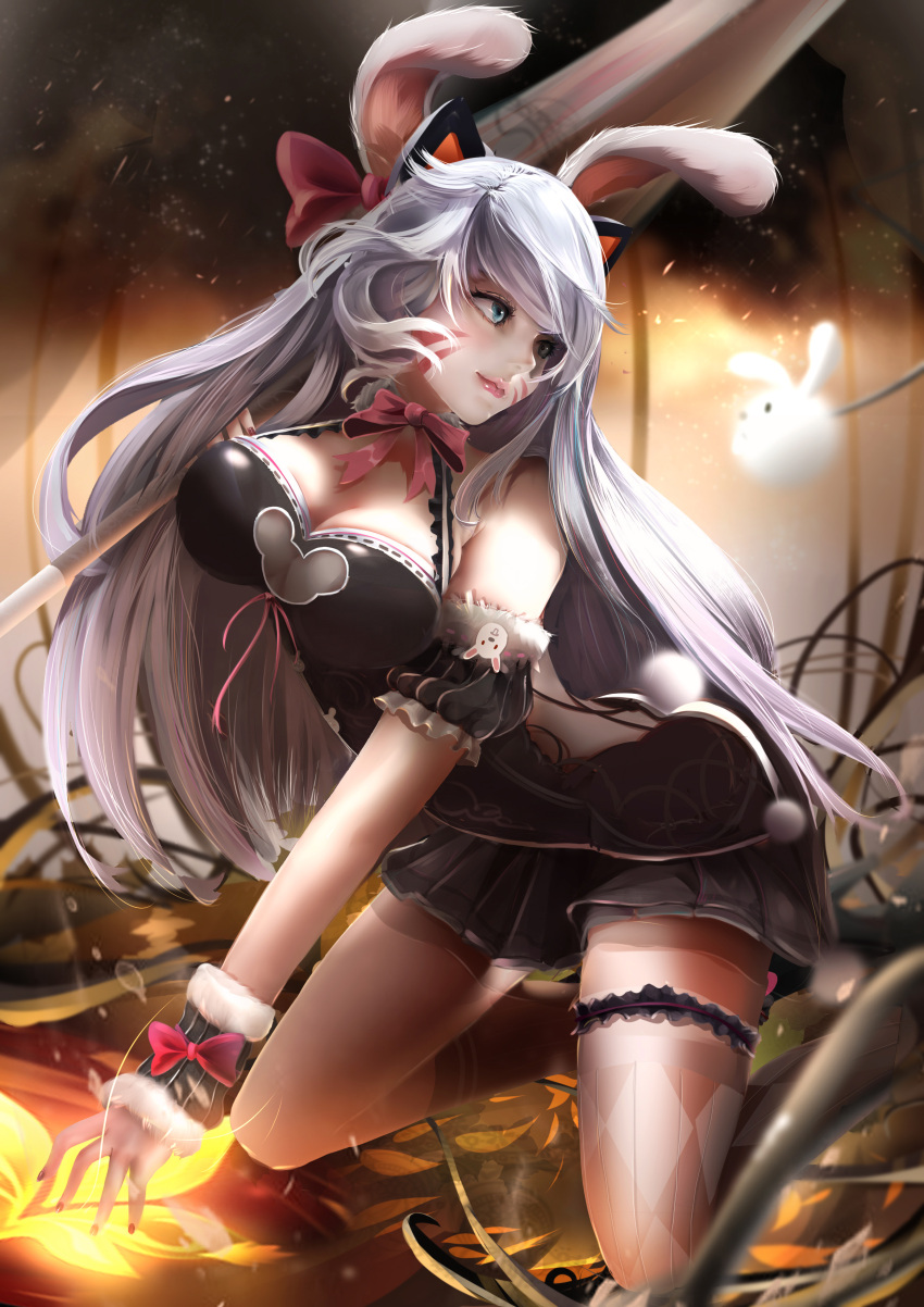 1girl, absurdres, animal_ears, asymmetrical_legwear, aura, bangs, bare_shoulders, black_dress