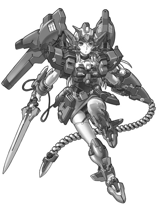1girl, graphite_(medium), gundam, gundam_epyon, gundam_wing, headgear, holding, holding_sword