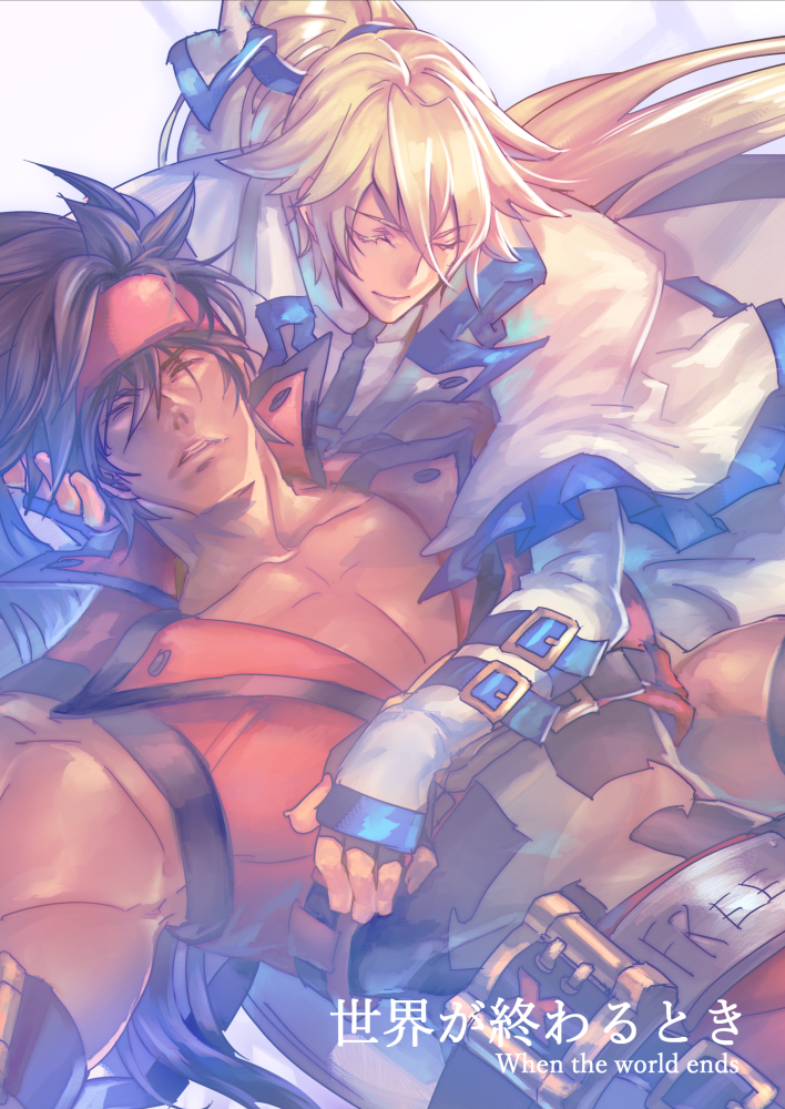 2boys, abs, blonde_hair, brown_hair, closed_eyes, english_text, fingerless_gloves, gloves