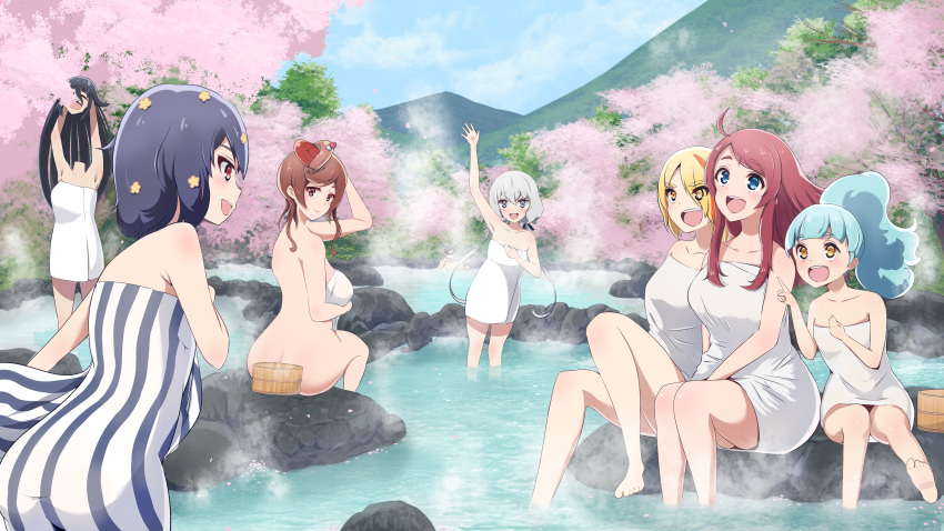 1boy, 6+girls, absurdres, ahoge, aqua_hair, blonde_hair, blue_eyes, cherry_blossoms, collarbone, disembodied_head, eating, exusiaki, eyebrows_visible_through_hair, hair_ornament, highres, hoshikawa_lily, huge_filesize, konno_junko, long_hair, low_twintails, minamoto_sakura, mizuno_ai, multicolored_hair, multiple_girls, nikaidou_saki, onsen, open_mouth, red_eyes, redhead, smile, star, star_hair_ornament, tatsumi_koutarou, towel, twintails, white_hair, yamada_tae, yellow_eyes, yuugiri_(zombie_land_saga), zombie_land_saga