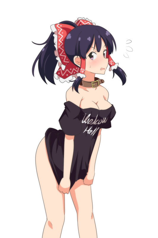 1girl, bangs, bare_legs, bare_shoulders, black_hair, black_shirt, blush, bow