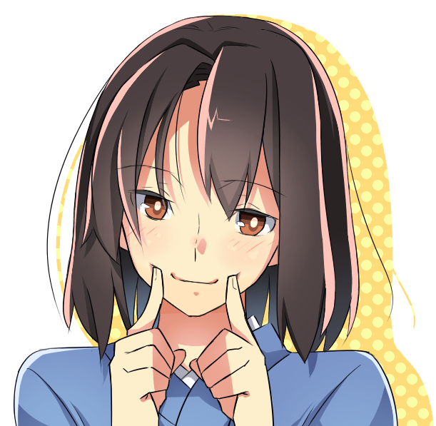 1girl, blue_kimono, blush, brown_eyes, brown_hair, exa_(koyuru), eyebrows_visible_through_hair, index_finger_raised