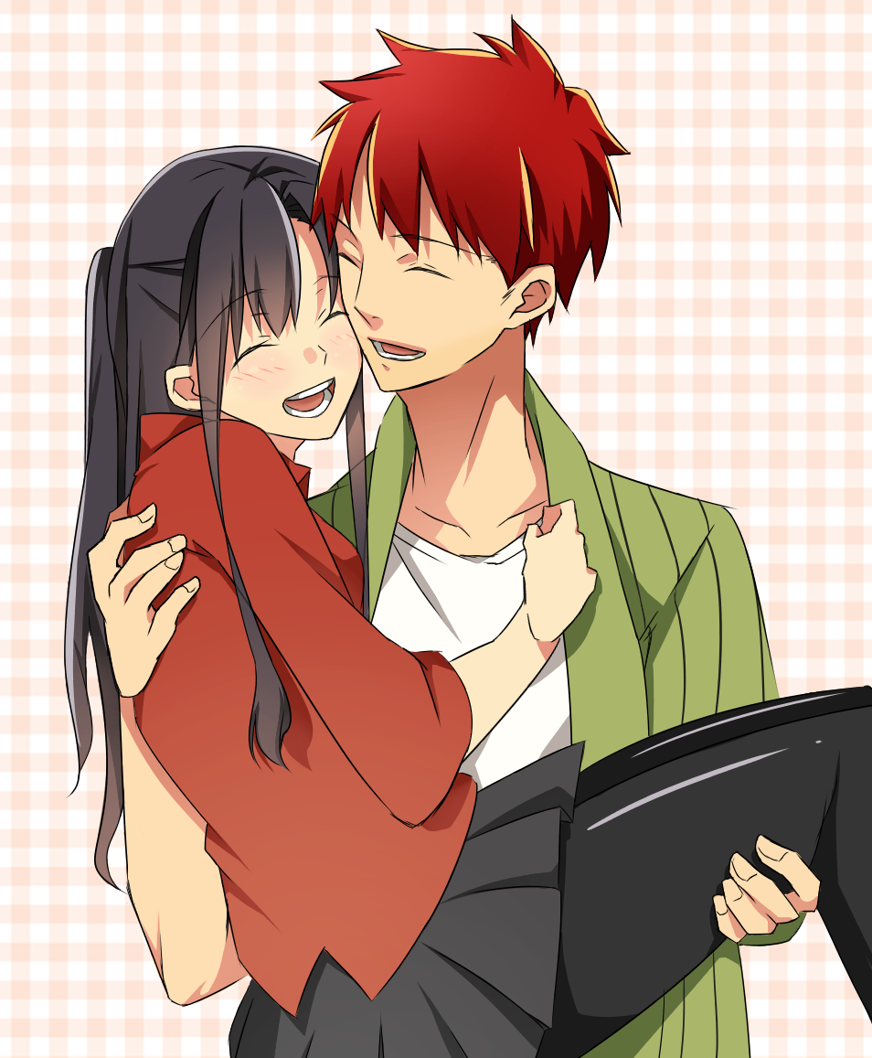1boy, 1girl, :d, black_hair, black_legwear, carrying, closed_eyes, collarbone, couple, dress_shirt, emiya-san_chi_no_kyou_no_gohan, emiya_shirou, exa_(koyuru), eyebrows_visible_through_hair, fate/stay_night, fate_(series), green_shirt, grey_skirt, long_sleeves, love, miniskirt, open_clothes, open_mouth, open_shirt, pantyhose, plaid, plaid_background, pleated_skirt, ponytail, princess_carry, red_shirt, redhead, shiny, shiny_skin, shirt, skirt, smile, tohsaka_rin, type-moon, unlimited_blade_works, white_shirt