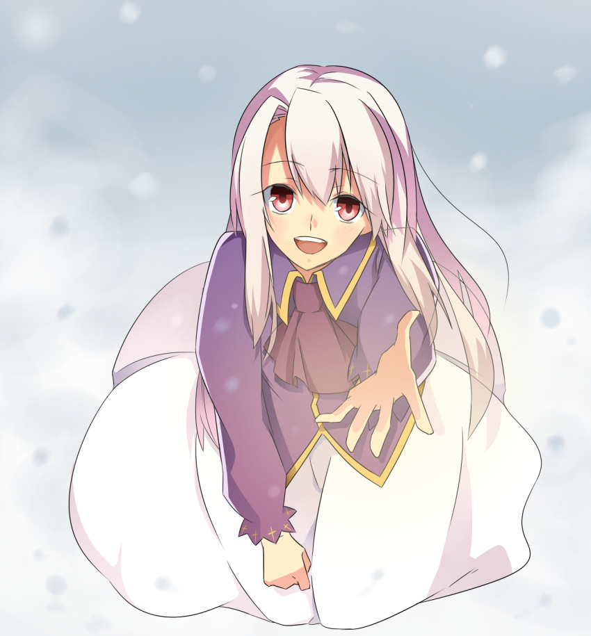 1girl, :d, black_neckwear, exa_(koyuru), eyebrows_visible_through_hair, hair_between_eyes, highres, kneeling, leaning_forward, long_hair, long_skirt, long_sleeves, looking_at_viewer, open_mouth, outdoors, outstretched_arm, purple_shirt, red_eyes, shirt, silver_hair, skirt, smile, snowing, solo, very_long_hair, white_skirt