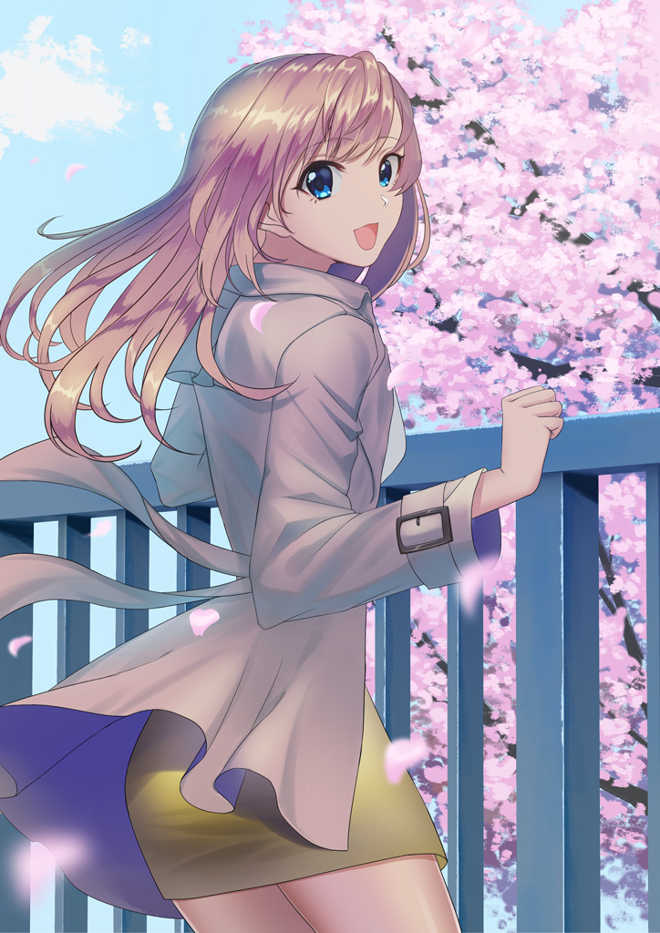 1girl, :d, blonde_hair, blue_eyes, blue_sky, blurry_foreground, cherry_blossoms, coat