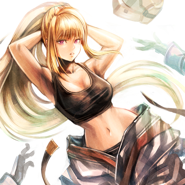 1girl, armpits, arms_behind_head, bangs, black_pants, black_tank_top, blonde_hair, breasts