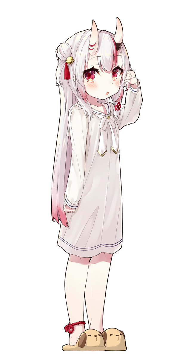 1girl, :d, bell, dog_slippers, dress, full_body, gradient_hair, hair_bell