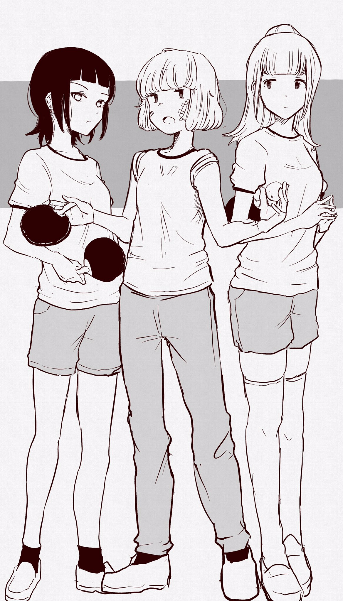 3girls, ball, bandage, bangs, blunt_bangs, commentary_request, d:, girl_sandwich, greyscale, gym_shirt, gym_shorts, gym_uniform, harasunosioyaki, highres, holding, holding_ball, holding_paddle, kayo_(watashi_ga_motenai_no_wa_dou_kangaetemo_omaera_ga_warui!), light_frown, miyazaki_(watashi_ga_motenai_no_wa_dou_kangaetemo_omaera_ga_warui!), monochrome, multiple_girls, open_mouth, paddle, pants, ponytail, sandwiched, shirt, shoes, short_hair, short_sleeves, shorts, sleeves_rolled_up, socks, table_tennis_ball, table_tennis_paddle, thigh-highs, track_pants, uchi_emiri, watashi_ga_motenai_no_wa_dou_kangaetemo_omaera_ga_warui!, zettai_ryouiki