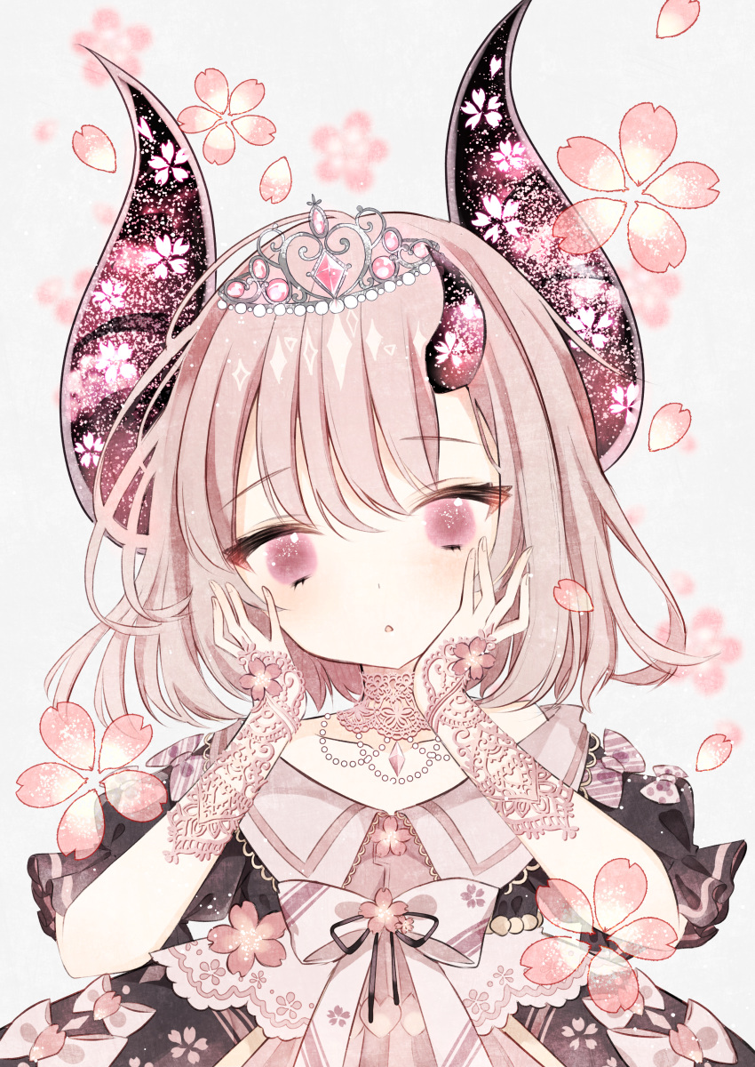 1girl, absurdres, argyle, argyle_dress, bangs, bow, bridal_gauntlets, brown_dress, brown_ribbon, cherry_blossom_print, cherry_blossoms, choker, collared_dress, commentary_request, demon_horns, diagonal-striped_bow, diagonal-striped_dress, diagonal_stripes, diamond_(gemstone), dress, eyebrows_visible_through_hair, floral_background, flower, frilled_sleeves, frills, glitter, gloves, grey_headwear, hands_on_own_cheeks, hands_on_own_face, highres, horns, huge_filesize, kotamun, lace, lace-trimmed_dress, lace_choker, lace_gloves, layered_dress, lolita_fashion, no_pupils, original, pearl_(gemstone), pearl_choker, pink_bow, pink_eyes, pink_flower, pink_hair, puffy_short_sleeves, puffy_sleeves, ribbon, short_hair, short_sleeves, solo, sparkle, striped, tiara, upper_body
