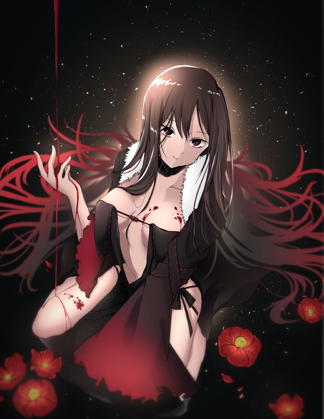 1girl, between_legs, black_background, black_dress, black_ribbon, blood, breasts, brown_eyes
