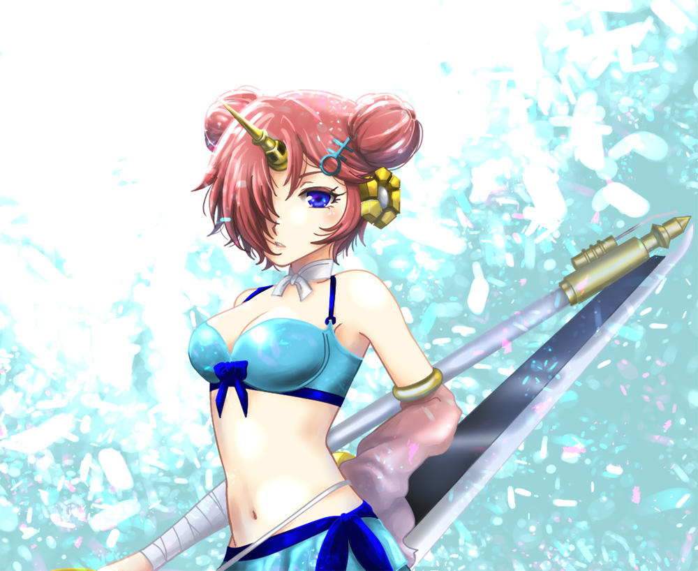 1girl, bandage, bandaged_arm, bandages, bikini, bikini_skirt, blue_bikini, blue_eyes
