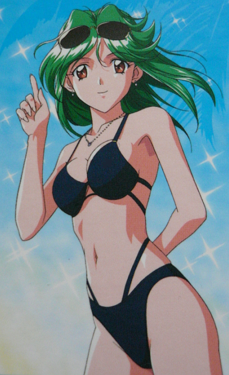 90s, asou_kasumi, bikini, black_bikini, brown_eyes, earrings, green_hair, jewelry