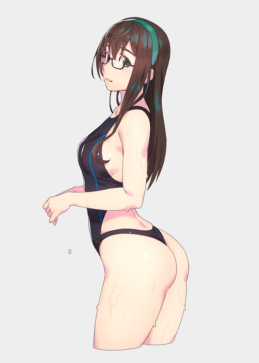 1girl, alternate_costume, ass, bangs, bare_arms, bare_shoulders, black_swimsuit, blush