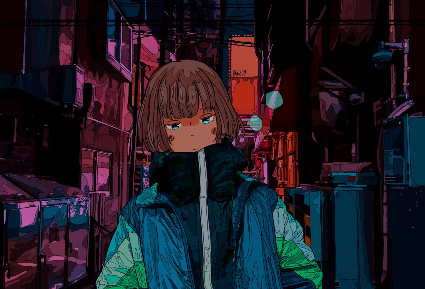 1girl, bangs, blue_eyes, blue_jacket, blush, brown_hair, dated, expressionless