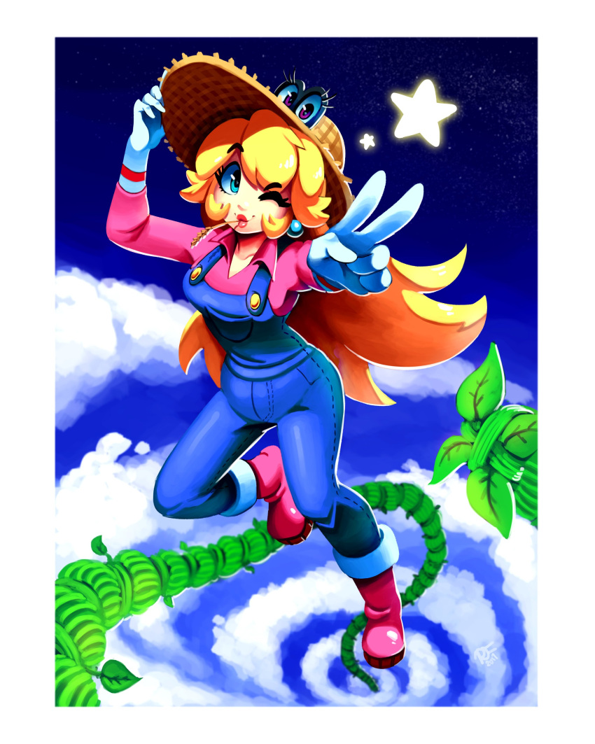 1girl, ;), absurdres, bangs, bean_stalk, blonde_hair, blue_earrings, blue_eyes