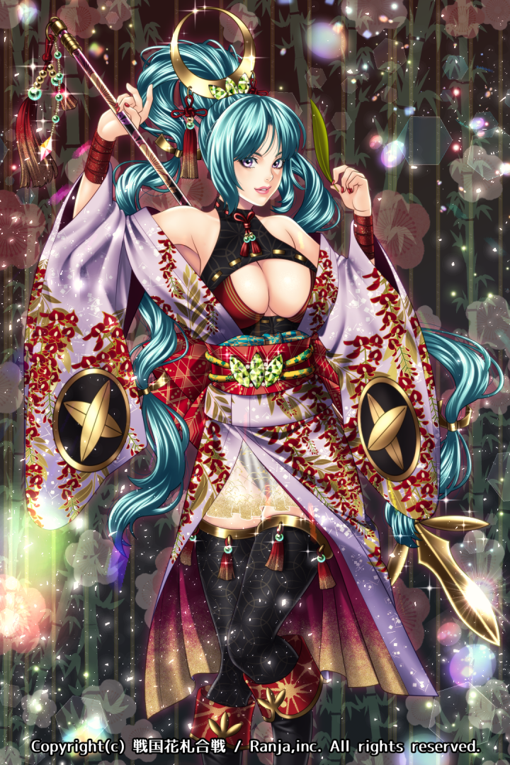 1girl, bangs, breasts, cleavage, cleavage_cutout, copyright_name, green_hair, japanese_clothes, kimono, looking_at_viewer, mito_amatsu, official_art, original, sengoku_hanafuda_kassen