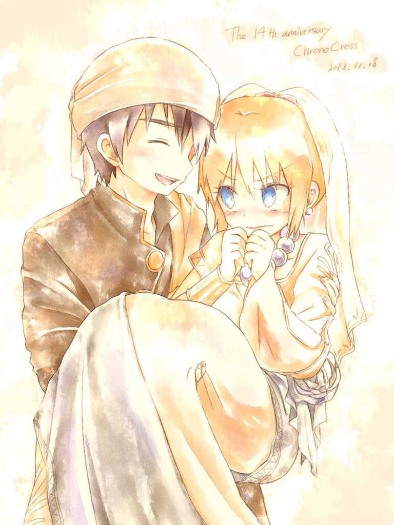 1boy, 1girl, bandanna, blonde_hair, blush, chrono_cross, commentary_request, dress