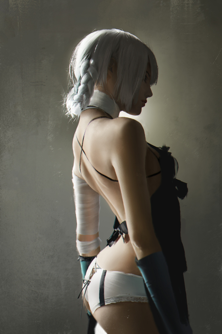1girl, absurdres, ass, asymmetrical_clothes, asymmetrical_hair, backless_outfit, bandage, bandaged_arm