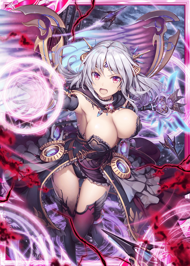 1girl, akkijin, angel_wings, black_dress, black_gloves, black_panties, black_sky, breasts, cane, card_(medium), castle, chaos_(shinkai_no_valkyrie), clouds, cloudy_sky, darkness, dress, drone, flying, gloves, gluteal_fold, holding, holding_cane, large_breasts, looking_at_viewer, magic_circle, official_art, open_mouth, oracle_(shinkai_no_valkyrie), panties, red_eyes, shinkai_no_valkyrie, silver_hair, sky, tiara, underwear, weapon, wings