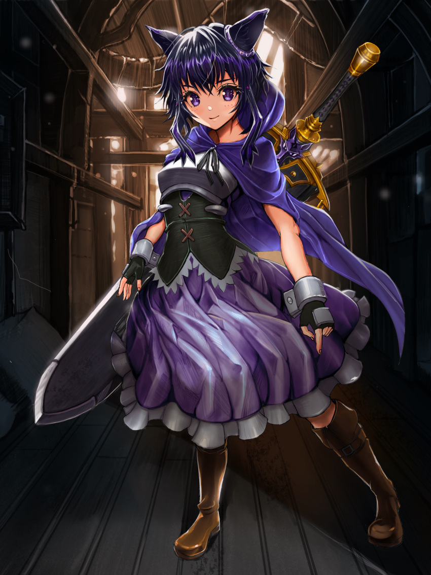 1girl, absurdres, animal_ears, black_hair, boots, breastplate, cape, cat_ears, cat_girl, cat_tail, cuffs, dress, fingerless_gloves, fran_(tensei_shitara_ken_deshita), full_body, gloves, highres, looking_at_viewer, rokuba, shackles, shishou_(tensei_shitara_ken_deshita), sidelocks, sword, tail, tensei_shitara_ken_deshita, violet_eyes, weapon