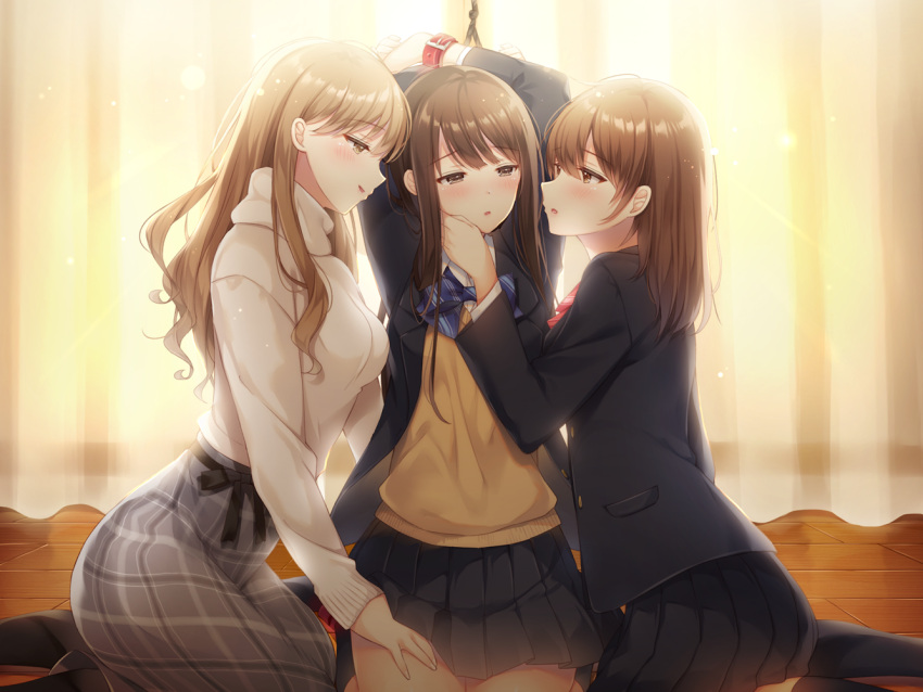 3girls, arms_behind_back, bangs, bdsm, black_legwear, black_skirt, blazer, blush