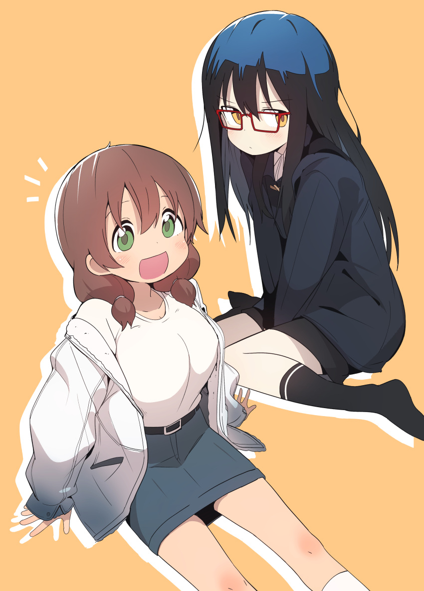 2girls, absurdres, bangs, belt, black_hair, black_legwear, blush, breasts