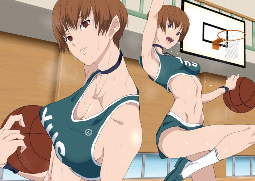 1girl, armpits, basketball, basketball_hoop, brown_eyes, brown_hair, collarbone, gym, highres, kamishakujii_(poppenheim), multiple_views, navel, persona, persona_4, satonaka_chie, shoes, short_hair, shorts, socks, sweat, tank_top