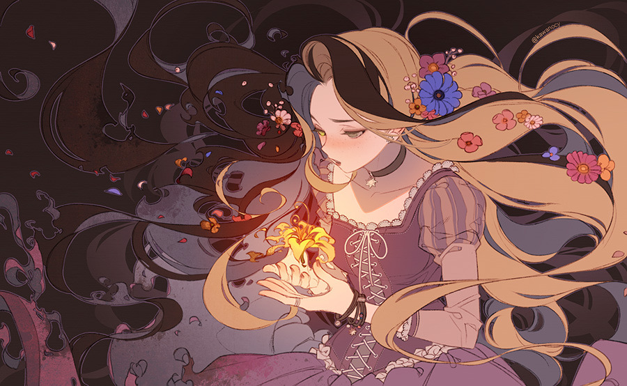 1girl, black_background, black_hair, blonde_hair, bracelet, choker, cross-laced_clothes, decay, disney, dissolving_clothes, dress, flower, glowing, green_eyes, hair_flower, hair_ornament, jewelry, kawacy, long_hair, looking_down, multicolored_hair, parted_lips, petals, puffy_sleeves, purple_dress, rapunzel_(disney), simple_background, solo, spoilers, tangled, tangled_(film), two-tone_hair, upper_body, very_long_hair