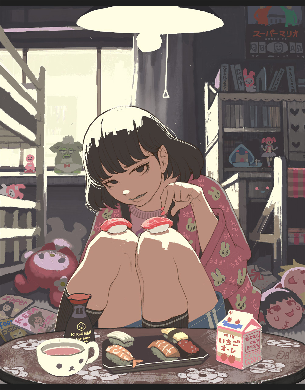 1girl, bangs, bed, black_eyes, black_hair, black_legwear, bunk_bed, catcar0983