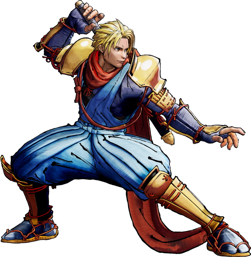 1boy, 3d, absurdres, blonde_hair, blue_eyes, fingerless_gloves, full_body, galford_d_weller