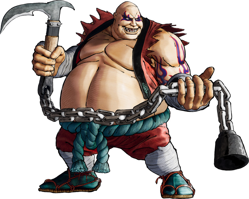 1boy, 3d, absurdres, bald, big_belly, earthquake_(samurai_spirits), facial_tattoo, full_body, highres, holding, holding_weapon, kusarigama, official_art, samurai_spirits, sandals, sharp_teeth, sickle, sleeveless, solo, tattoo, teeth, transparent_background, weapon