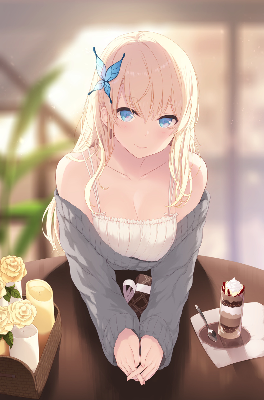 1girl, absurdres, aqua_eyes, bangs, bare_shoulders, beige_dress, blonde_hair, blue_eyes