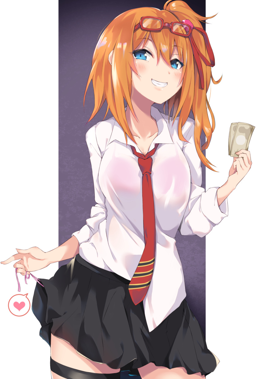 1girl, bangs, banknote, black_skirt, blue_eyes, blush, breasts, bushinofuji