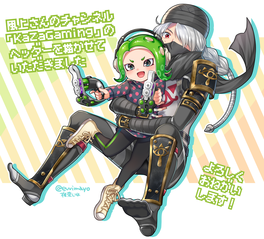 1girl, 2girls, alternate_color, androgynous, bandage, braid, dark_skin, domino_mask