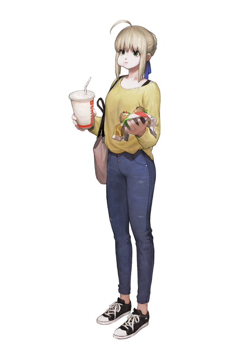 1girl, ahoge, artoria_pendragon_(all), blonde_hair, casual, drink, eating, fate_(series)