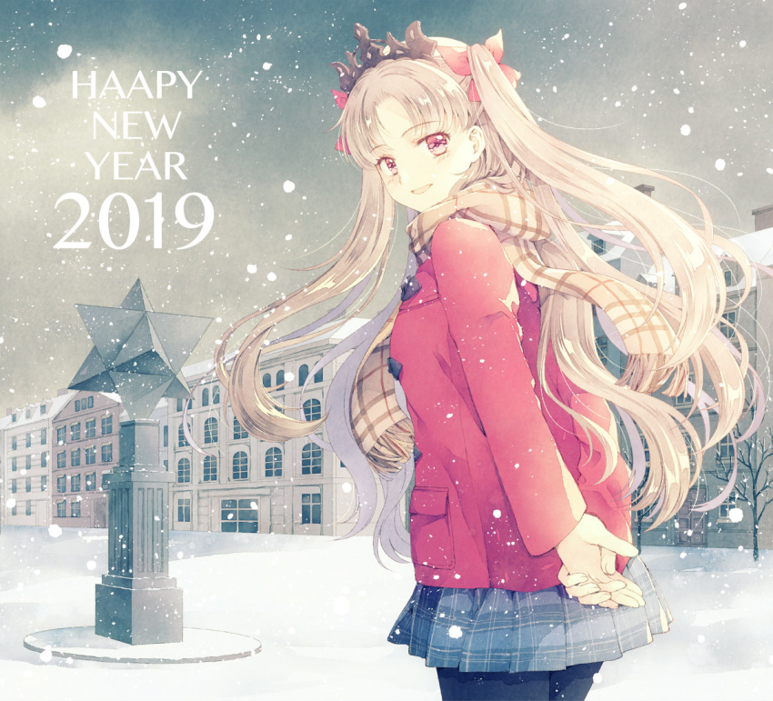 arms_behind_back, bangs, bare_tree, blonde_hair, blue_skirt, bow, brown_scarf, building