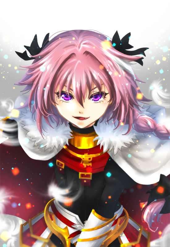 1boy, :d, androgynous, astolfo_(fate), black_bow, bow, braid, cape