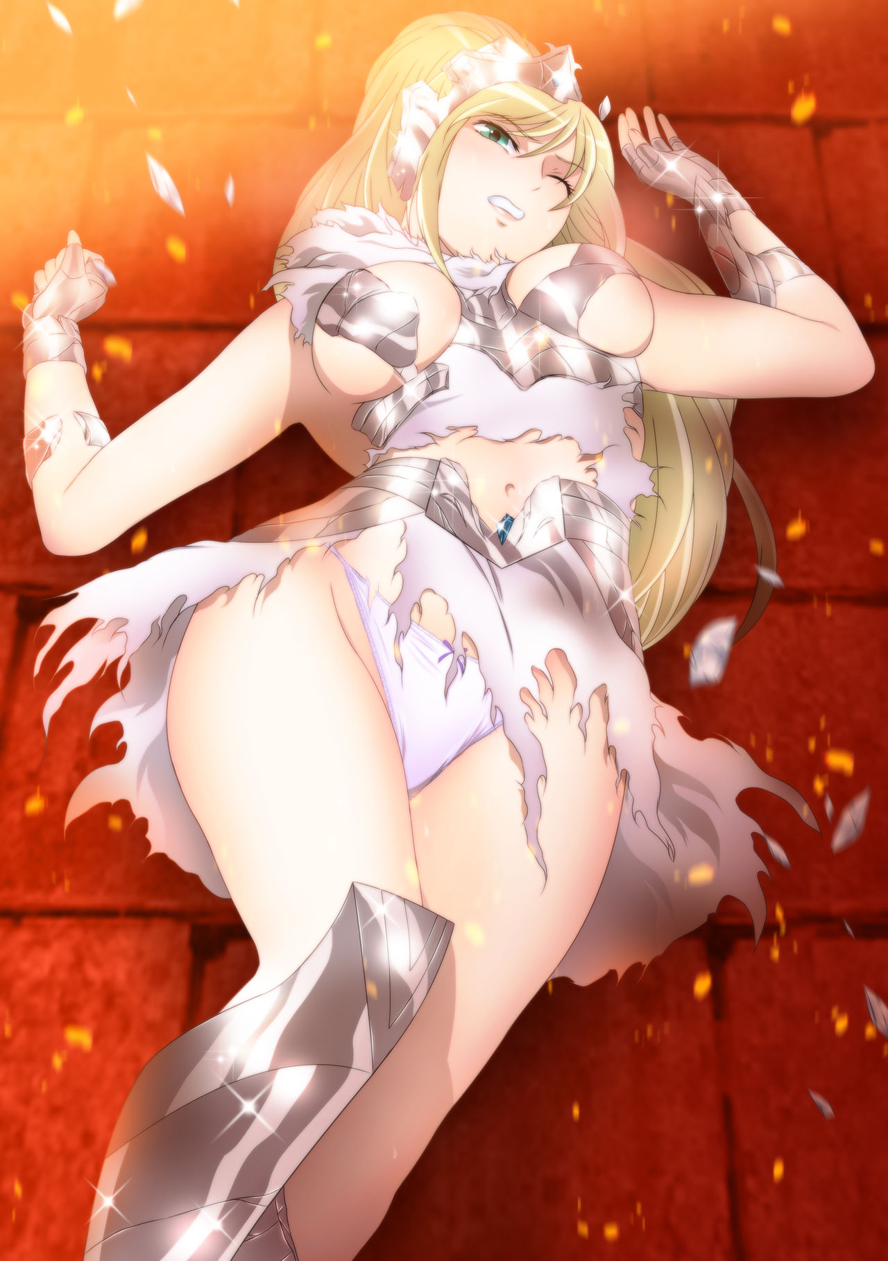 1girl, armored_boots, blonde_hair, boots, breasts, clenched_teeth, corona_borealis_katya, dress, fingerless_gloves, gauntlets, gloves, green_eyes, high_ponytail, highres, long_hair, lying, medium_breasts, midriff, navel, on_back, one_eye_closed, panties, saint_seiya_saintia_sho, shattered, short_dress, sideboob, sleeveless, sleeveless_dress, solo, stomach, teeth, torn_clothes, torn_dress, under_boob, underwear, very_long_hair, white_dress, white_panties, yadokari_genpachirou